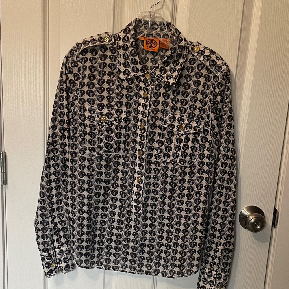 Tory Burch Navy and White Pufferfish Button Down Shirt